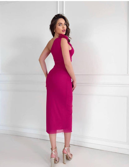 فستان كتف واحد لايكرا مع وردة✨