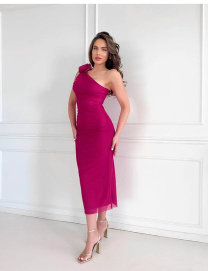 فستان كتف واحد لايكرا مع وردة✨