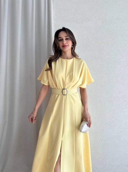 فستان نص كم مع حزام ✨